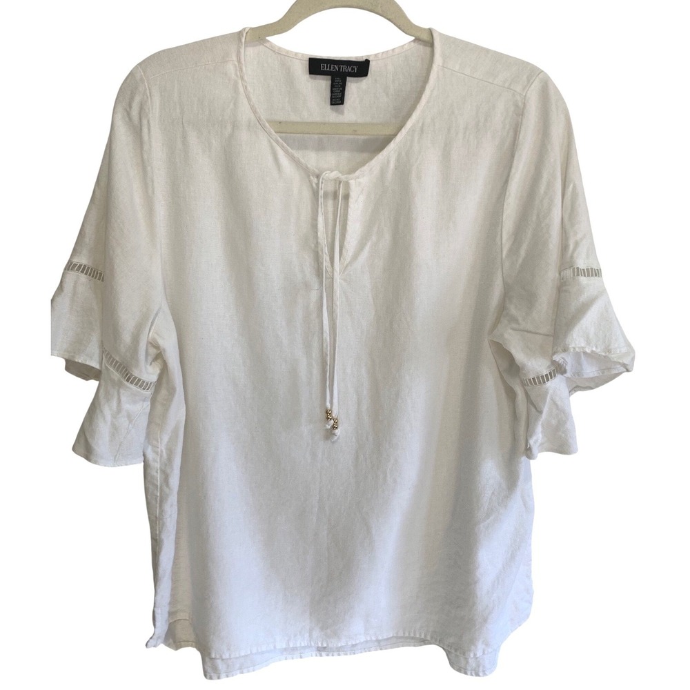 Ellen Tracy Large White Linen Ruffle Sleeve Blouse Flowy Fairy Lagenlook Peasant